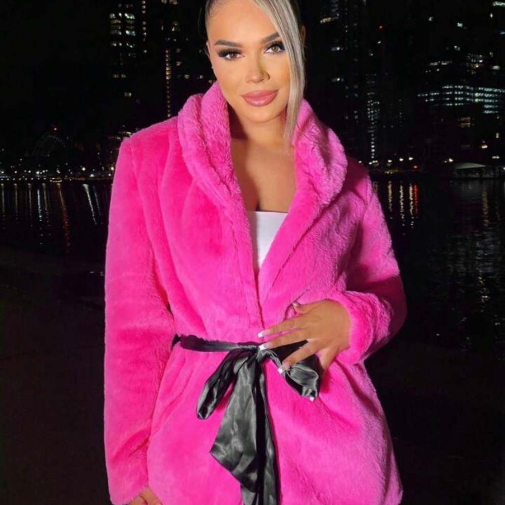 🆕SHEIN Vintage Inspired Hot Pink Chenille Shawl Collared Coat